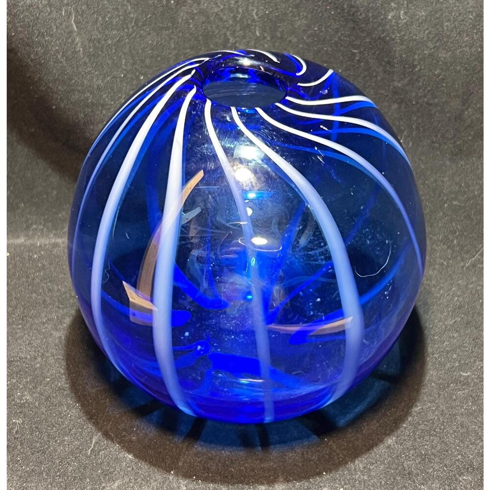 Hand Blown, Cobalt Blue and White Cane, Globe Vase